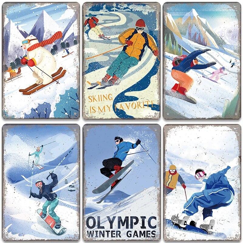 Lot De 4 Plaques Murales Vintage Ski Hiver 20x30cm - Étain Métal, Décoration Rétro Pour Bar, Café, Garage, Salon