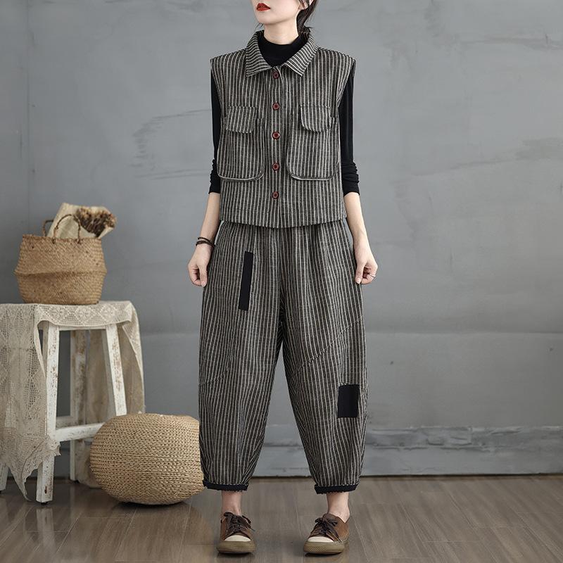 

Контрастные полосы модный повседневный костюм женский осень и зима новый корейский вариант свободный жилет брюки-харлан из двух частей модный 2XL