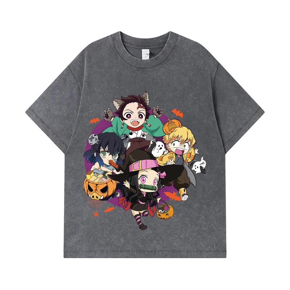 275 GSM Washed T-shirts 100% Cotton Demon Slayer V111 Halloween Print Unisex Heavy Cotton T Shirt