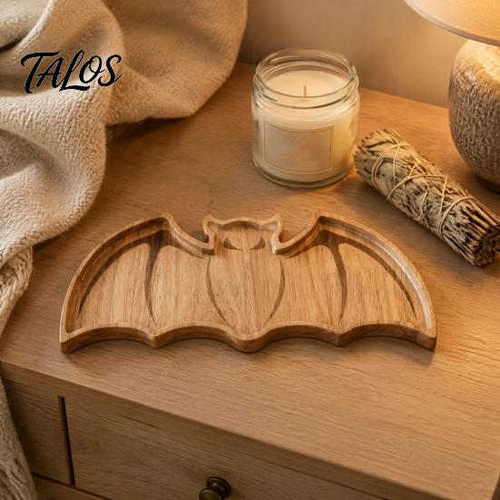 Handcrafted Wood Craft Bat-Shaped Wooden Serving Tray, Halloween Theme Snack Dessert Platter, Solid Trinket Dish Decorative Storage Plate for Jewelry