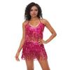 Belly Dancer Outfit Sequin Tassel Bra Top with Fringe Hip Scarf Set Sparkling Rave Party Costume for Women Girls