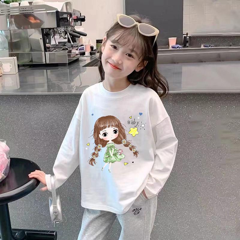 Girl's 100% Cotton Long Sleeve Breathable T-shirt - Stylish 2024 Spring/Autumn Base Layer