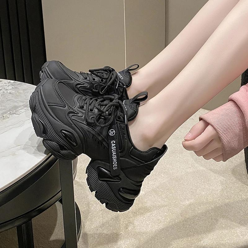 Fashion 6cm Autumn Spring Women Non-slip High Platform Shoes Wedge Heels Casual Height Increasing Chunky Sneakers Women Leather Shoes