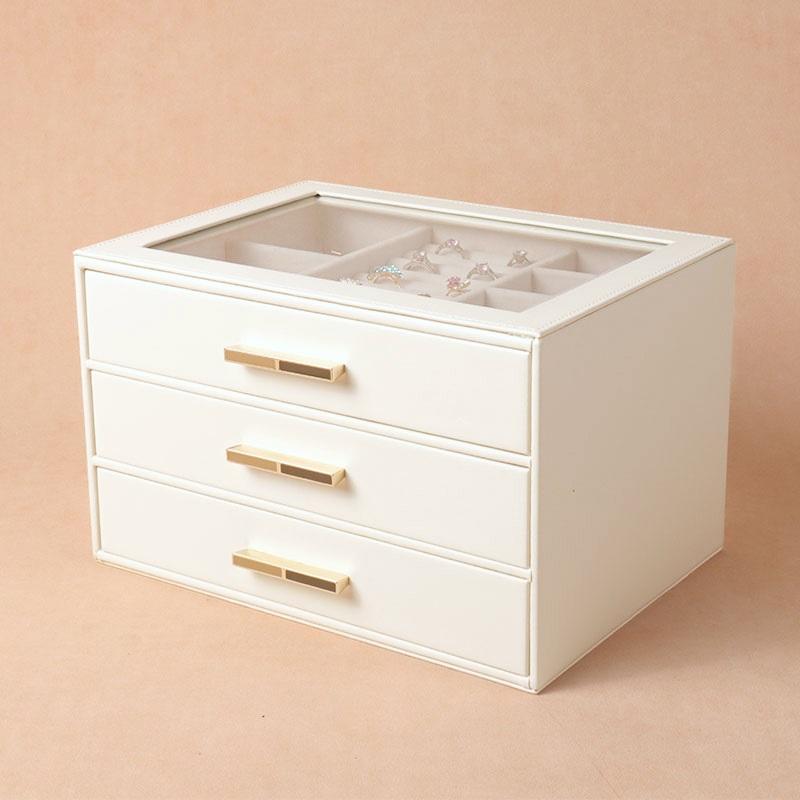 3-Layer Drawer Jewelry Box With Glass Lid, PU Leather Large Capacity Jewelry Organizer Storage Case For Earrings, Necklaces, Rings, Bracelets