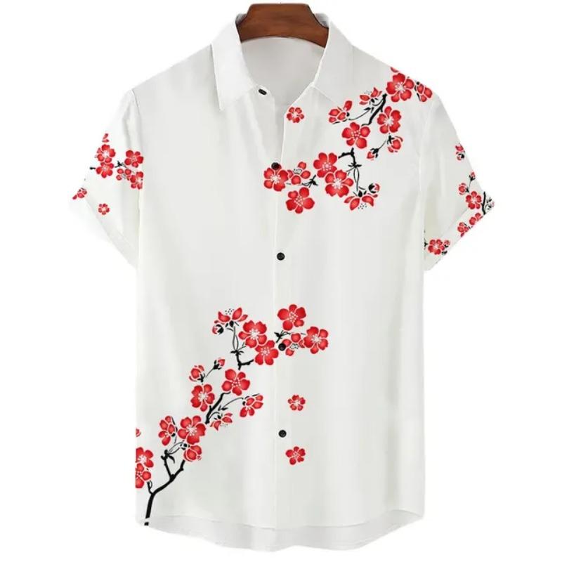 Fashionable Luxury Social Men's Shirt Lapel Button-down Shirt Casual Japanese Aesthetic Cherry Blossom Print Short-sleeved Tops