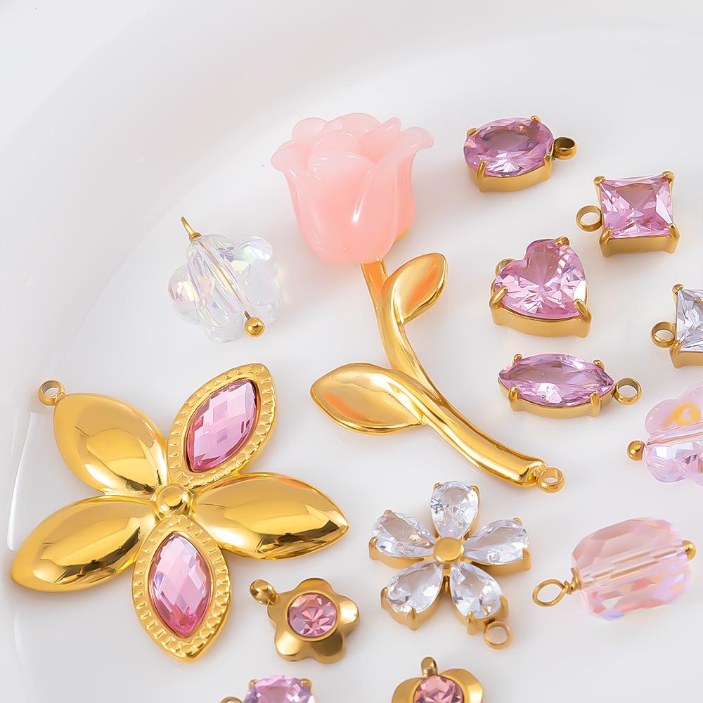 2pcs Gentle Pink Crystal Zircon Bead Stainless Steel Charms Rose Flower Heart Necklace Pendant Women DIY Earring Jewelry Making