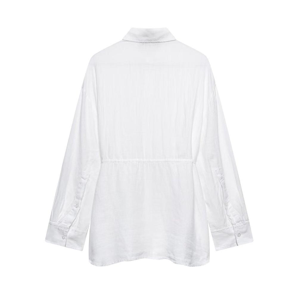 TAOP&ZA Women's Spring/Summer Waist-Tie Long Sleeve Shirt with Turn-Down Collar