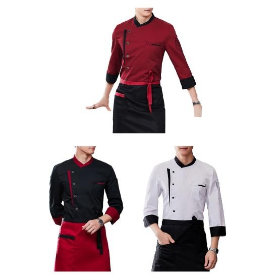 Kochuniform-Schürzenset: Stehkragen, Kurzarm, knitterfrei, mit mehreren Taschen, Patchwork-Design, professionell.