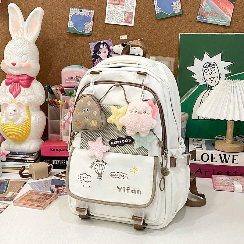 

Школьный рюкзак для девочек-подростков, стильный, для старшеклассниц, для учеников начальной школы, для кампуса, большой вместимости, рюкзак для молодых взрослых, легкий, милый Creamy-white + small pink chicken