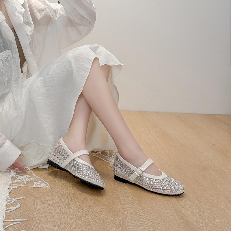 French mesh breathable rhinestone Mary Jane single shoes summer new soft-soled shallow mouth inner height-increasing ballet shoes