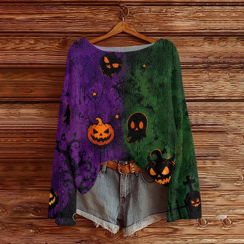 Women's Casual Long Sleeve Halloween Print Knit Pullover Top with Round Neck