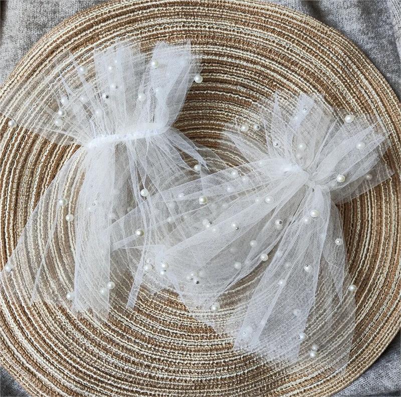 Pearl Decor Bridal Fake Cuff Short Lace Fingerless Gloves White Tulle Wedding Sleeves for Women Party Costume Accessory