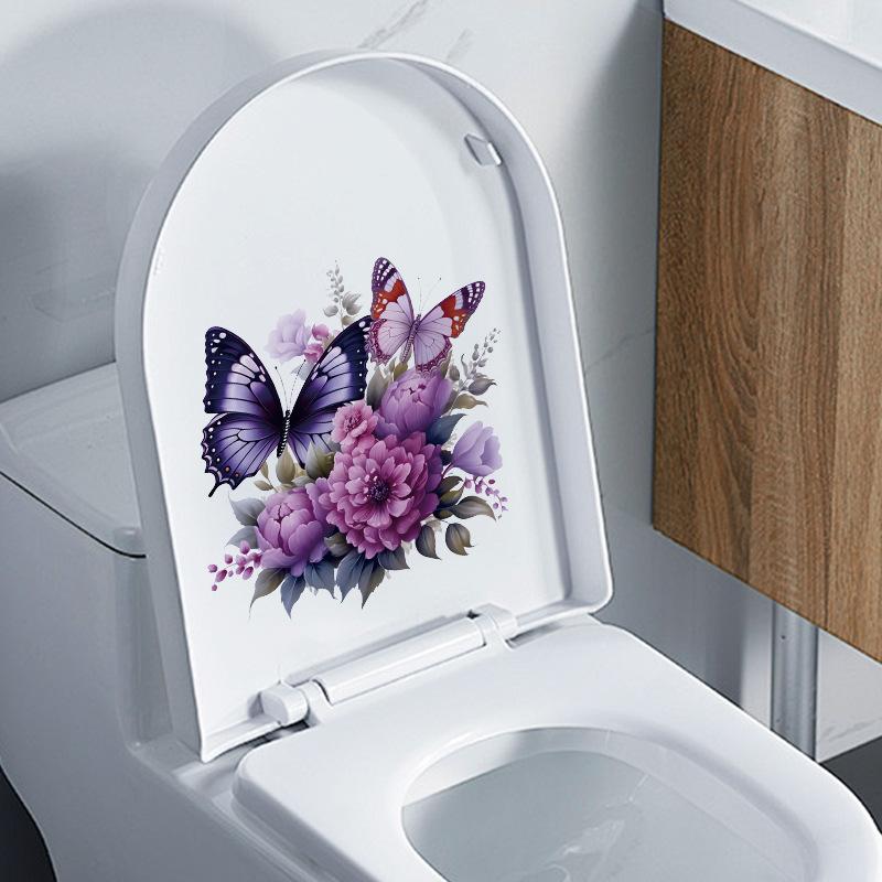 Colorful Butterfly Flowers Plant Wall Stickers Waterproof Bathroom Toilet Sticker