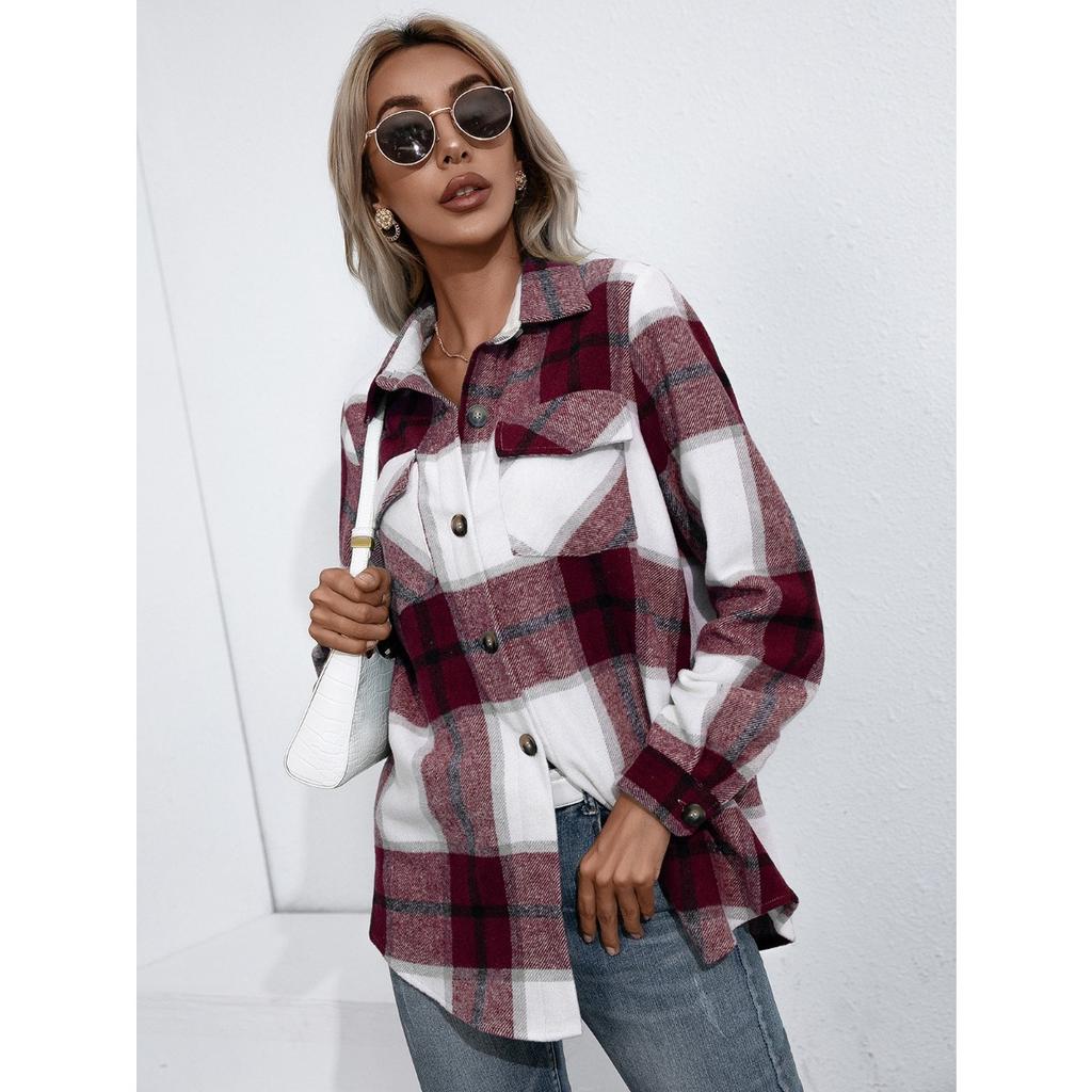 Fall Winter Women's Thickened Cashmere Plaid Shirt Jacket, Casual Loose Long Sleeve Fashion Outerwear