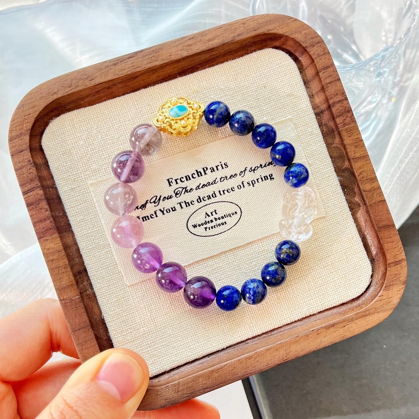 Natural Lapis Lazuli Amethyst White Crystal Pixiu Design Bracelet Bracelet