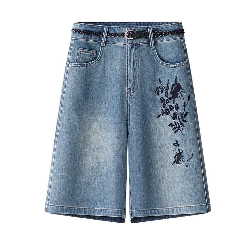 2025 New Retro High-Waist Women's Wide-Leg Denim Shorts with Chinese Embroidery - Summer Style
