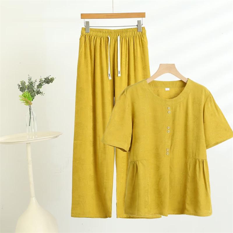 

День матери 2025 Летний комплект из хлопка и вискозы: Блузка с коротким рукавом, двухпредметная, для женщин среднего и пожилого возраста 3XL