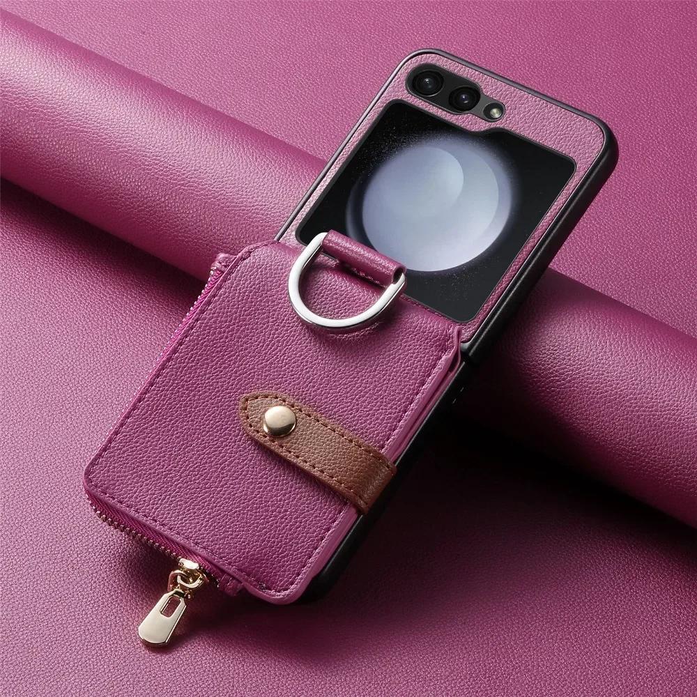 

Чехол-кольцо с держателем для карт для Samsung Z Flip 6 5 4 3 Flip6 Flip5 Flip4 Flip3 5G Кошелек-кошелек на молнии Чехол из ПУ кожи For Galaxy Z Flip 5