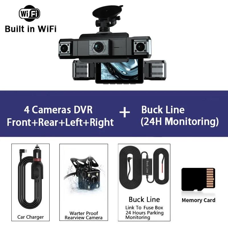 1080P Quad Dash Cam, 4-Channel 4-Screen Display, WiFi, Phone Sync, Rear View, Night Vision, Wide Angle