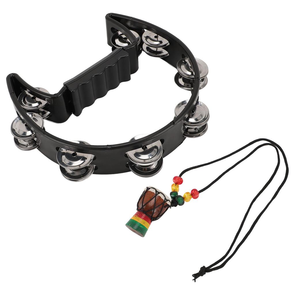 Handheld Tambourine with Hanging Decor Metal Bells Half Moon Drum Black Hand Percussion Instrument for Party Dance