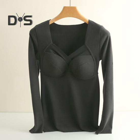 Women Bottoming Tops V-Neck Chest Padded Long Sleeve Thermal Tops Elastic DE Velvet Fabric Tee Shirt