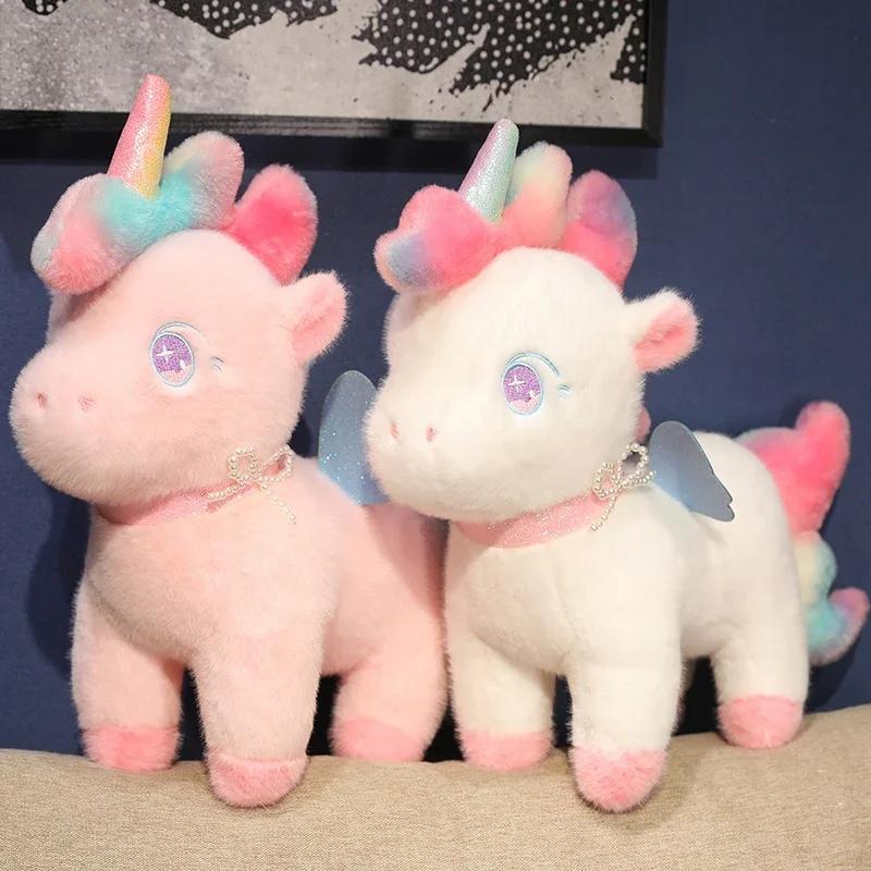 Fluffy Rainbow Unicorn Plush Toys Kawaii Stuffed Cartoon Animal Flying Horse Baby Doll Pillow Christmas Birthday Gift
