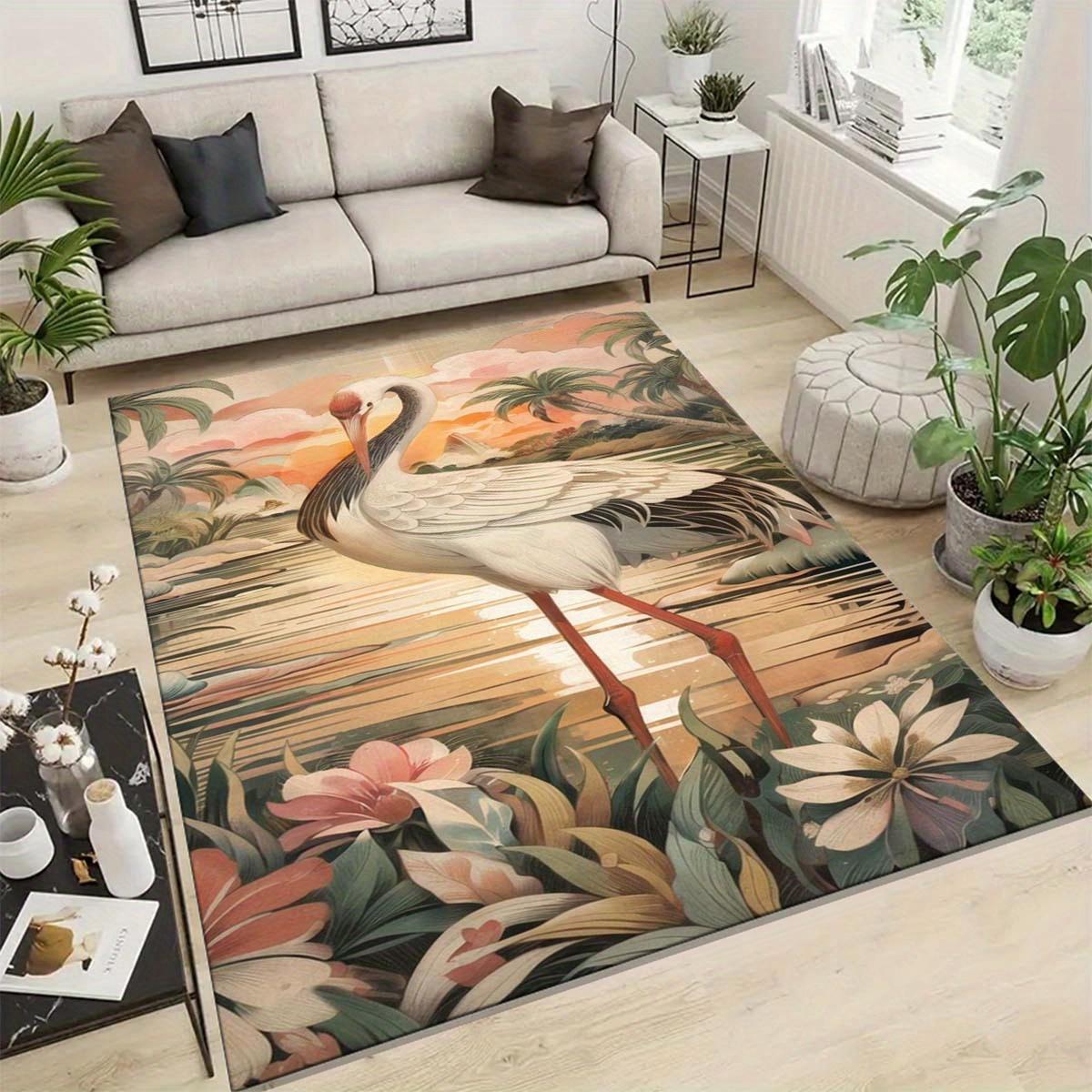 

Crane and Floral Design Area Rug - Non-Slip, Soft Polyester Living Room Mat, Comfortable Floor Carpet, Durable Home and Bedroom 50x80cm