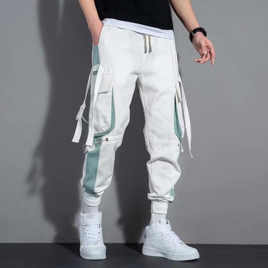 Men Cargo Pants Strap Decor Multi Pockets Loose Elastic Waist Ankle-banded Color Matching Hip Hop Streetwear Work Outdoor Trousers