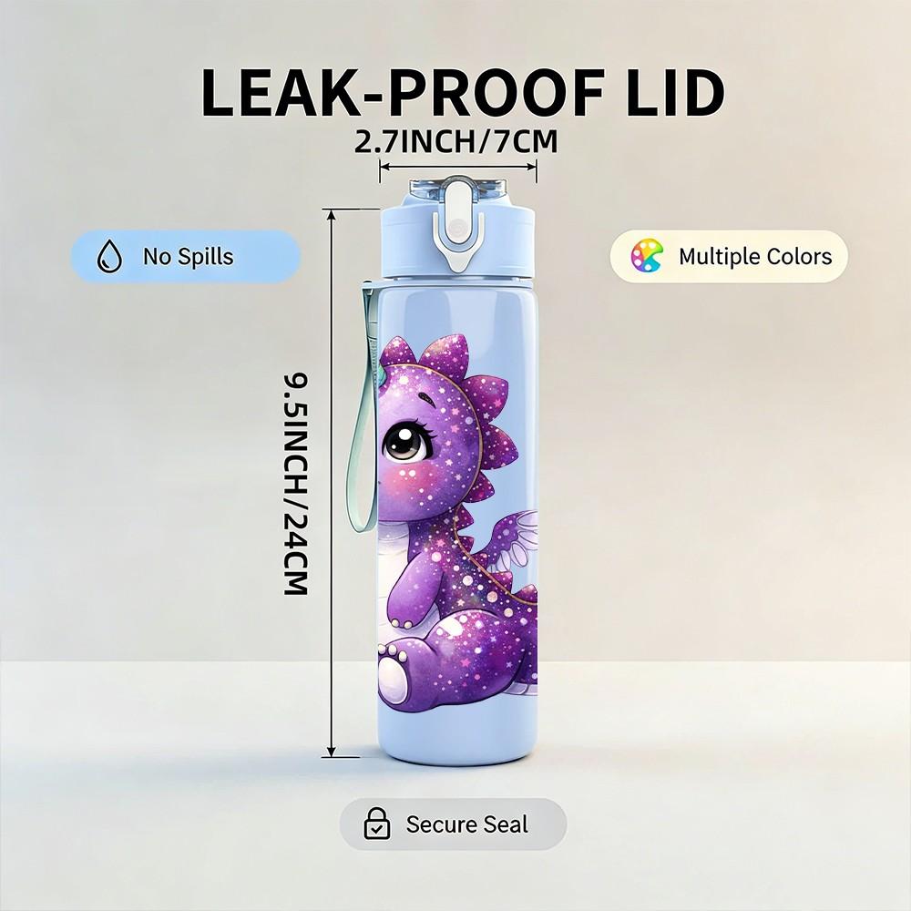 1PC Purple Baby Dragon Fantasy Print 750ml Color Plastic Sports Water Bottle Leakproof Flip Straw Lid Suitable for Sports Office Home Use