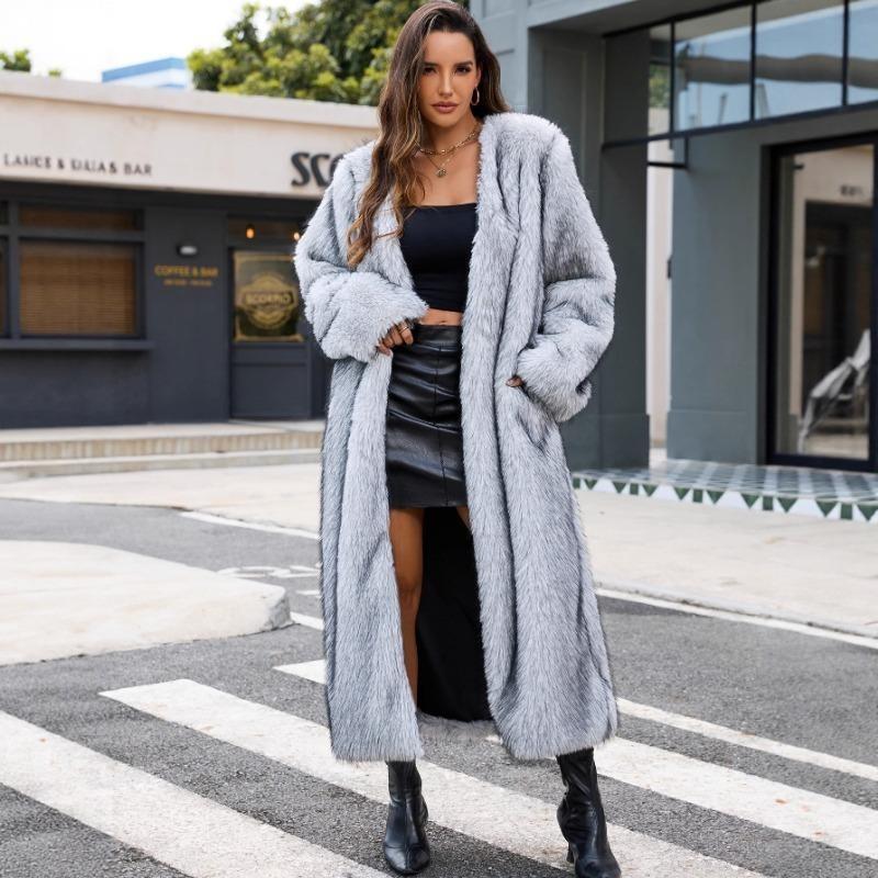 Damen Ganzkörper Kunst Waschbär Pelzmantel Offene Vorderseite Warm Winter Maxi Oberbekleidung