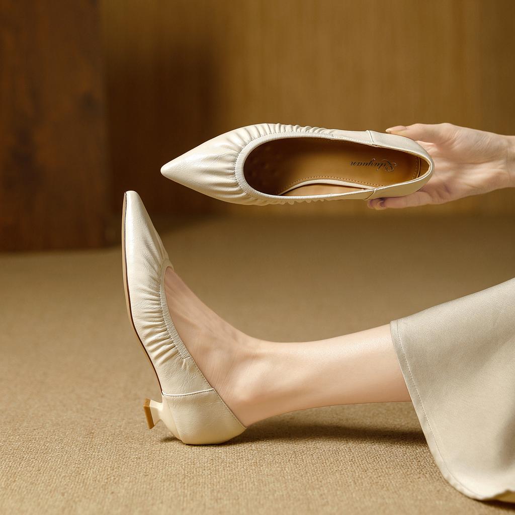 Chaussures basses à bout pointu et talon fin en cuir souple 2026 printemps plis pas de pieds fatigués chaussures à enfiler