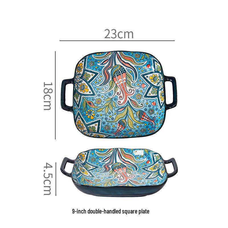 Bohemian Čtvercový keramický jídelní talíř se dvěma uchy - Kreativní, Trendy miska na ovoce