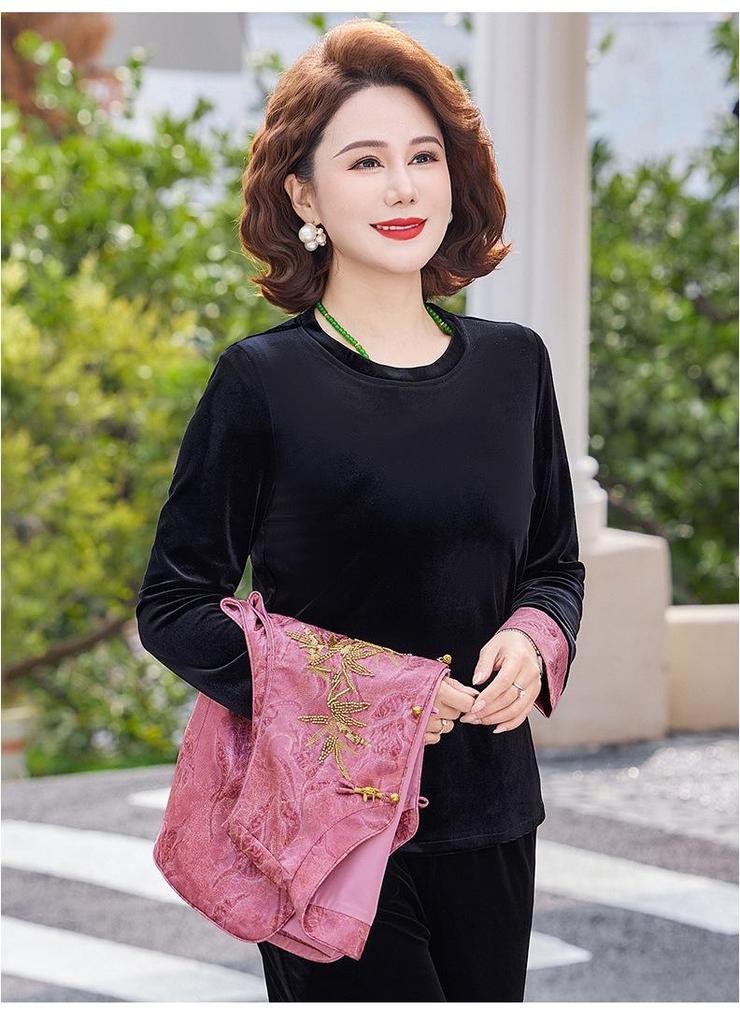 Elegant Gold Velvet Spring Suit: Mid-aged & Elderly Women's Two-piece Vest & Top Set