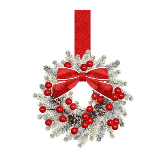 Mini vánoční věnec s červenou sametovou mašlí Dekorace na dvířka skříňky pro kuchyňské okno Selský dům Vchodové dveře Zeď Krb Bobulová girlanda