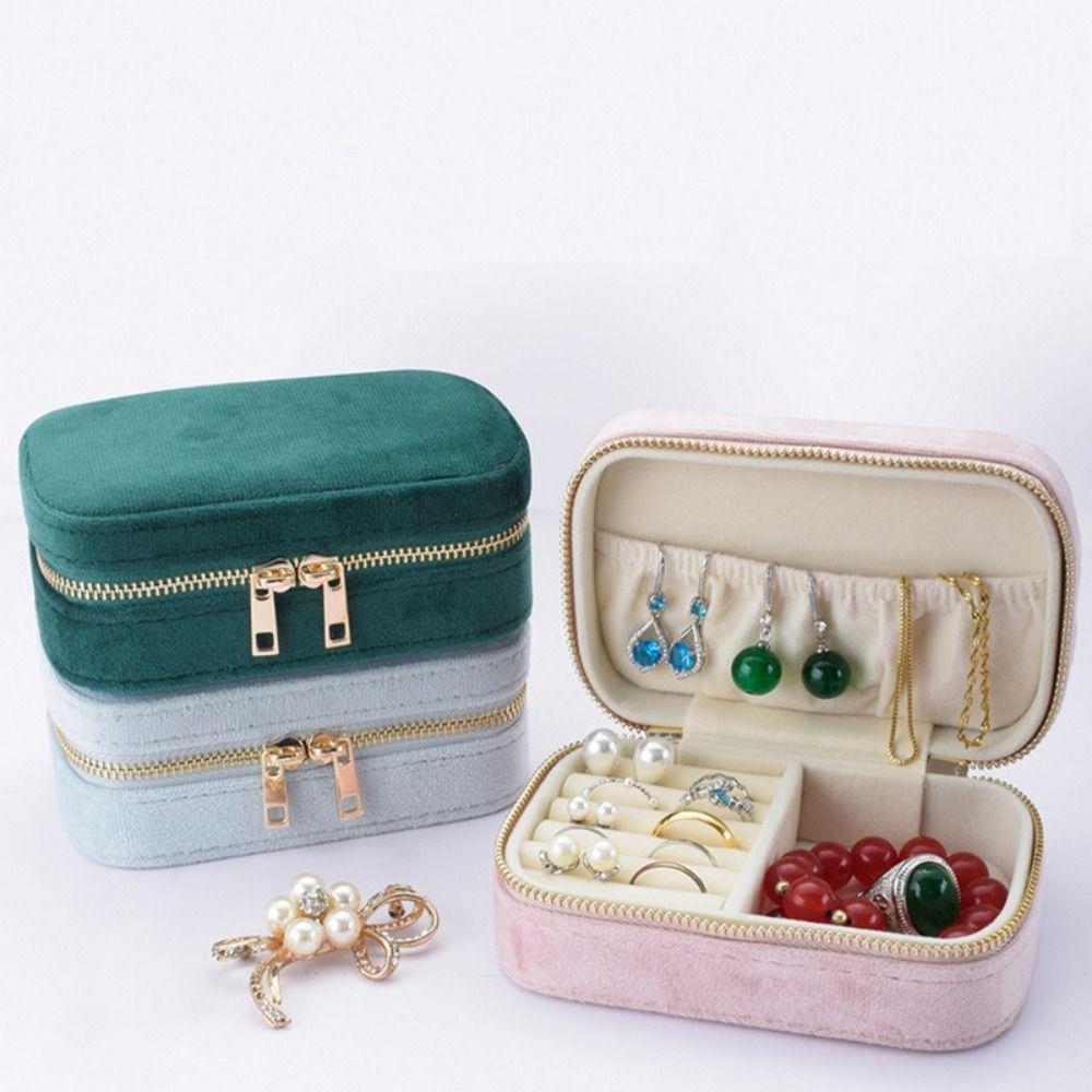 Velvet Portable Jewelry Box Zipper Closure Necklace Storage Case  Rings Storage Case