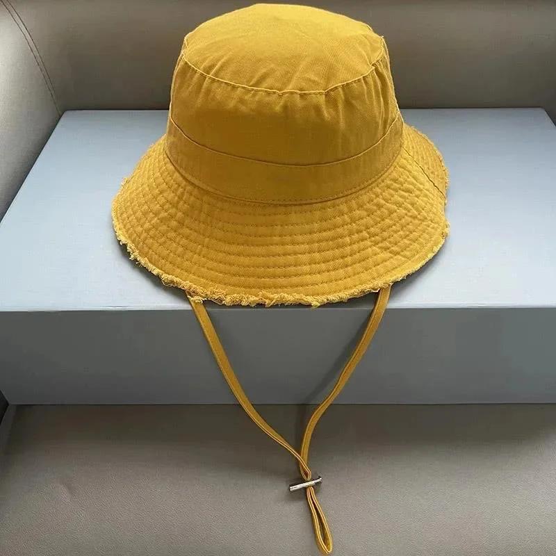 Designer Fisherman Hat Personalized Trend Letters Wide Eave Cap Summer Solid Color Sunproof Hanging Rope Bucket Hat for Adults