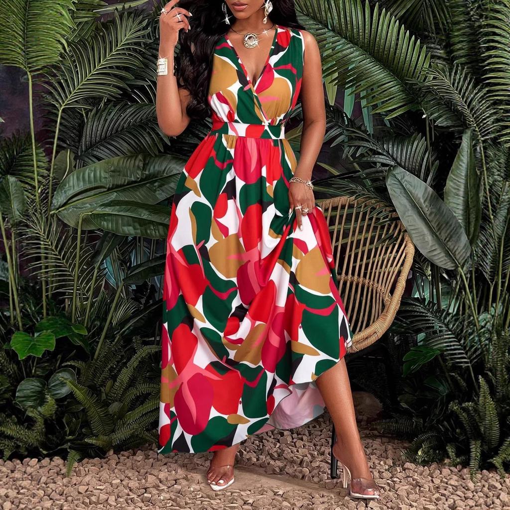 Women's Geometric Print Sleeveless Deep V-Neck A-Line Maxi Dress