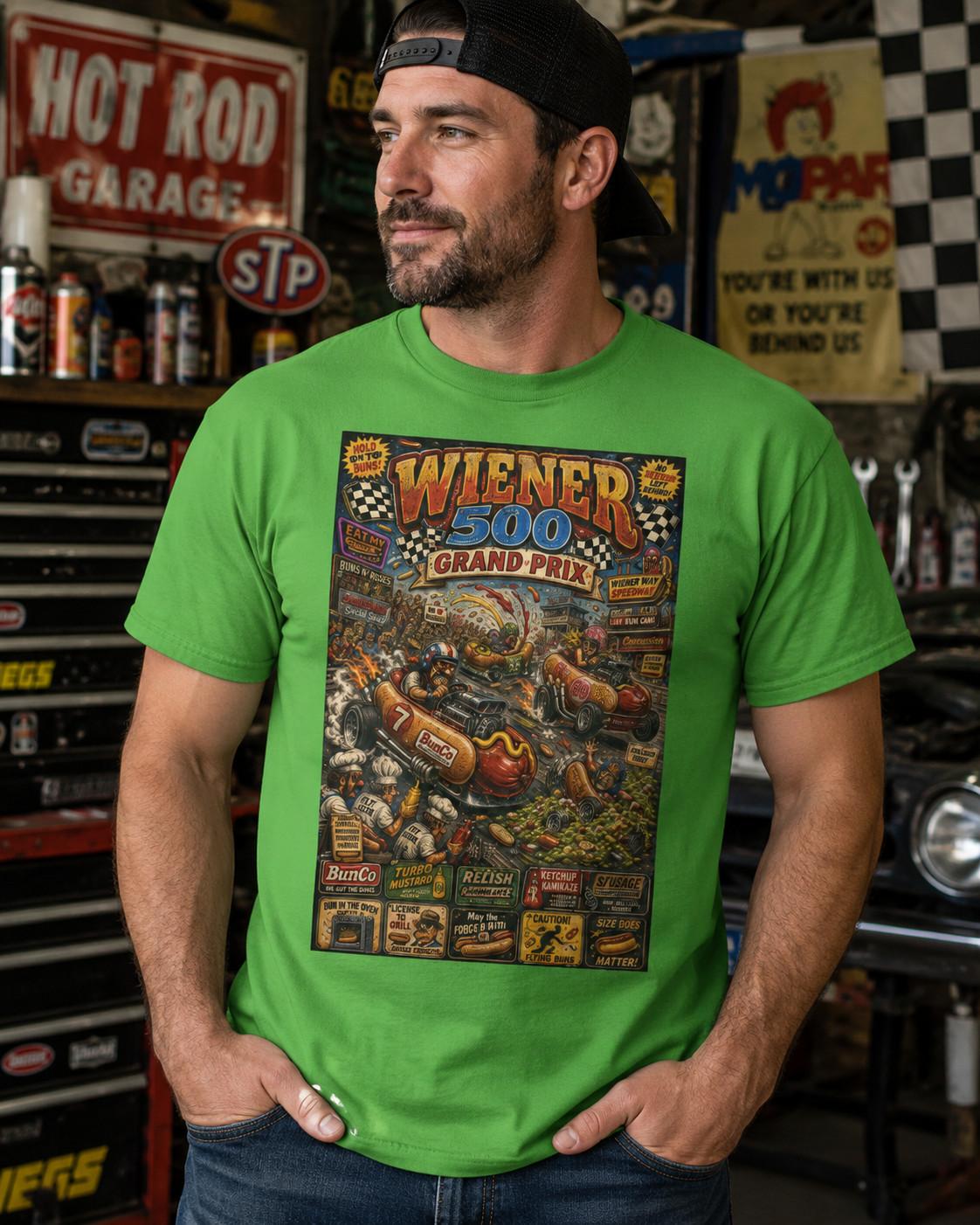 Wiener 500 Race Poster Tee Hot Dog Racing Retro Graphic Funny Unisex T-Shirt S