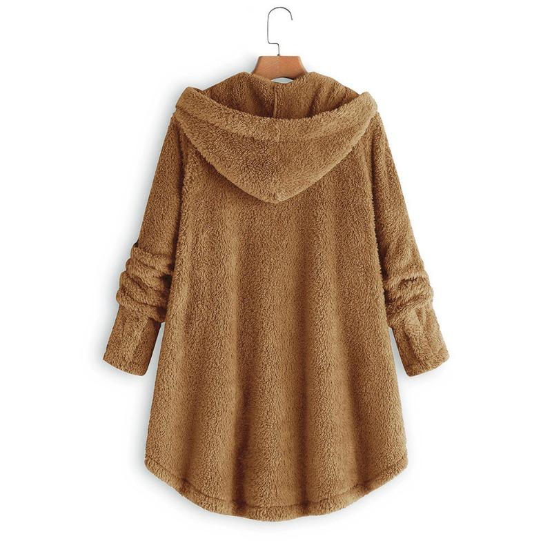 Women S Solid Color Hooded Button Plush Casual Coat