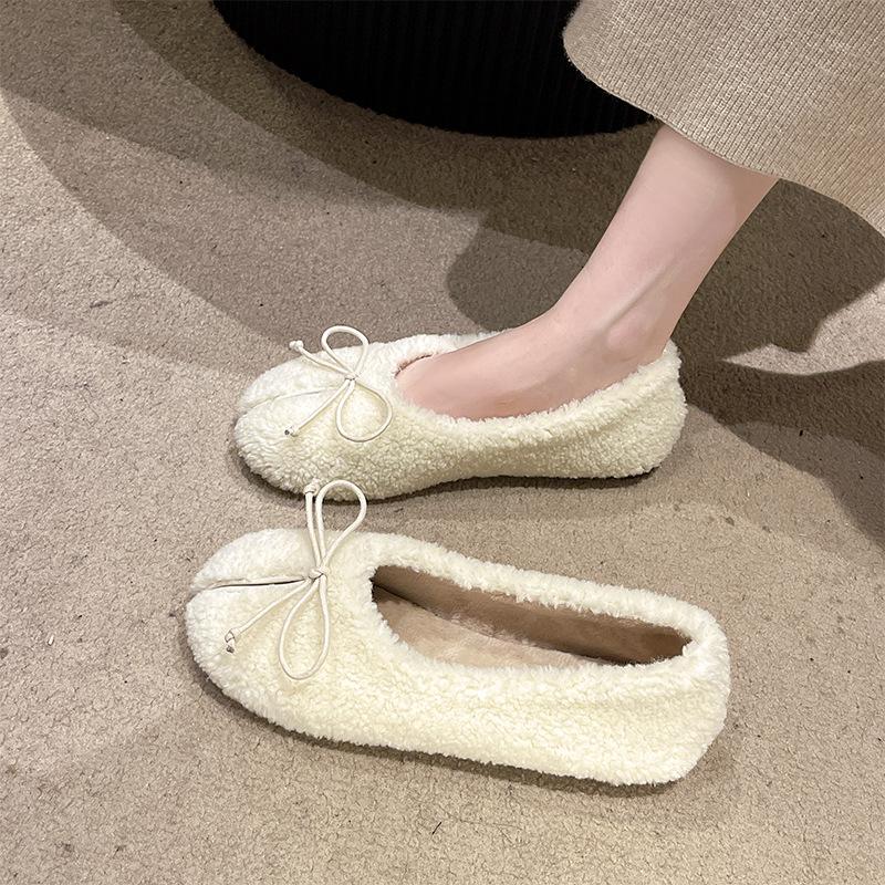 

Vintage Bow Round Toe Chunky Low Heel Mary Janes Women s Autumn Winter Plush Fuzzy Fashion Moccasins Comfortable Casual Shoes 40 бежевий
