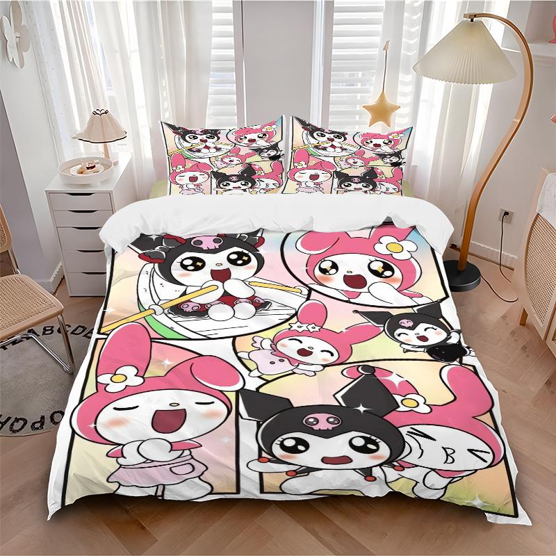 3pcs Kuromi & My Melody Sanrio Bedding Set, Including 1 Quilt Cover and 2 Pillow Shams, Without Filling, Soft and Comfortable Home Bedroom W050
