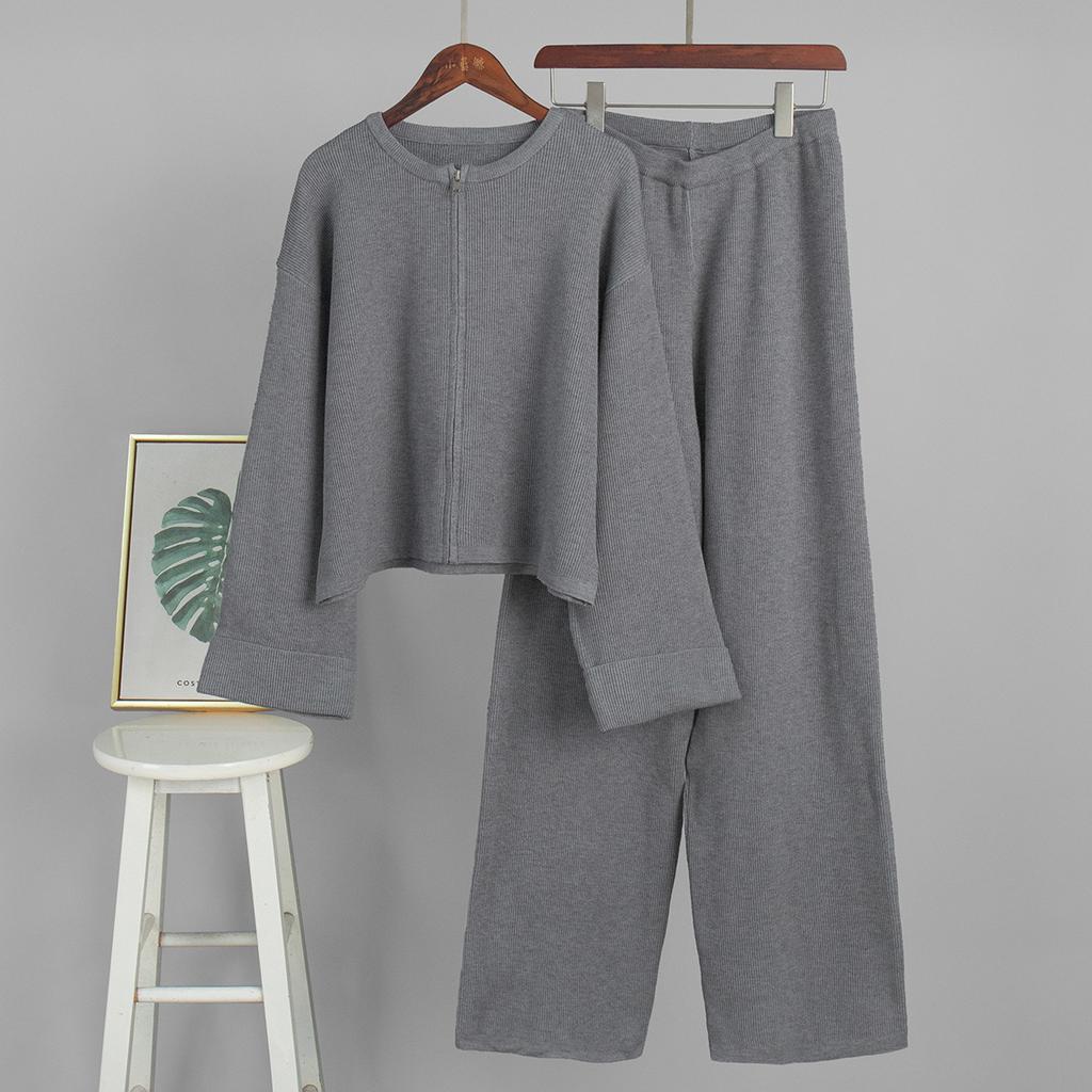 Knitted Long-sleeved Wide-leg Trousers Set, European, American Autumn and Winter New Zipper Jacket Trousers Casual Suit