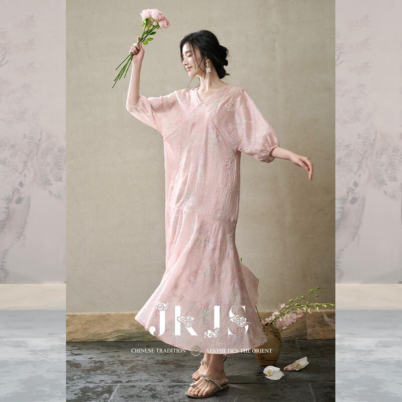JK&JS Tencel Linen Embroidered New Chinese Style V-Neck Summer Maxi Dress