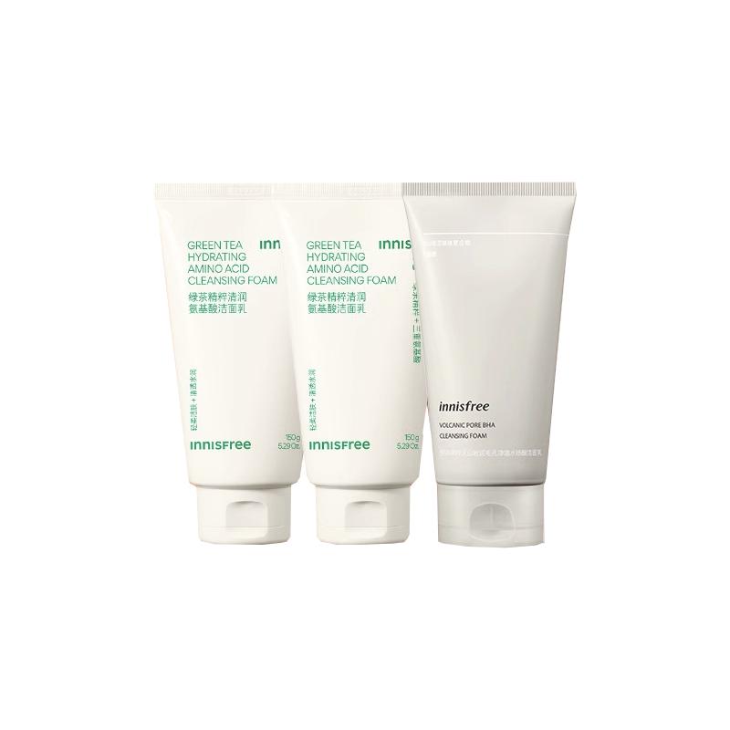 Набор ухода за кожей Innisfree Увлажняющее средство + Очищающее средство с аминокислотами зеленого чая - Новое очищающее средство с зеленым чаем 150 г2 Очищающее средство с вулканическим пеплом 150 мл зелёный