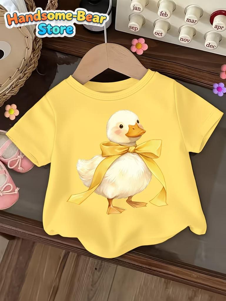 Cute Bow Duck Print Short-Sleeved T-Shirt for Girls Soft Round Neck Top Fashion Loose Summer Gift for Girls Casual Girl Clothes