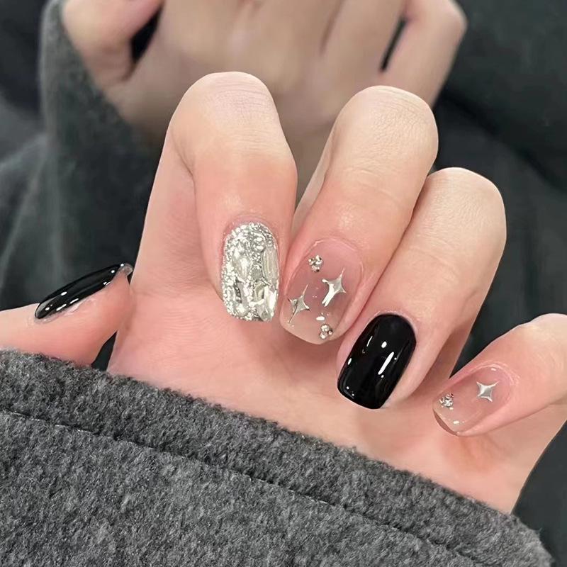 Dark Glam Sparkle Nails: Spicy Glitter Diamond Stars False Tips Collection