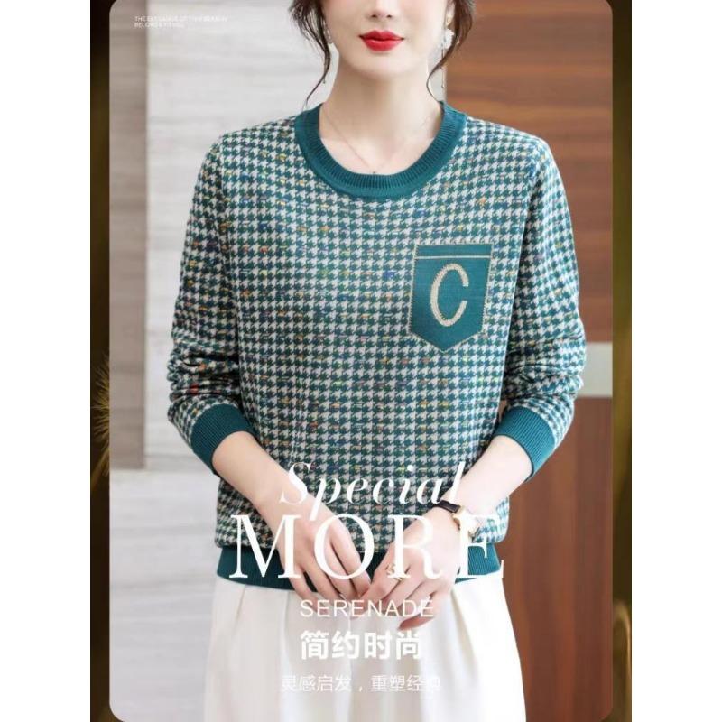 Round Neck Spring Autumn Women New Tops Middle-aged Elderly Mothers Houndstooth Plaid Sweaters