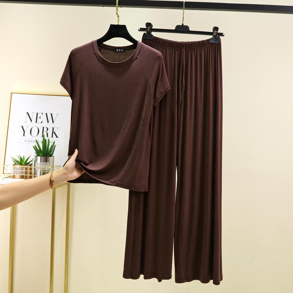 Damen Sommer Freizeit Modal Pyjama Set - Kurzarm T-Shirt & Hose, Übergröße, Bequeme zweiteilige Homewear