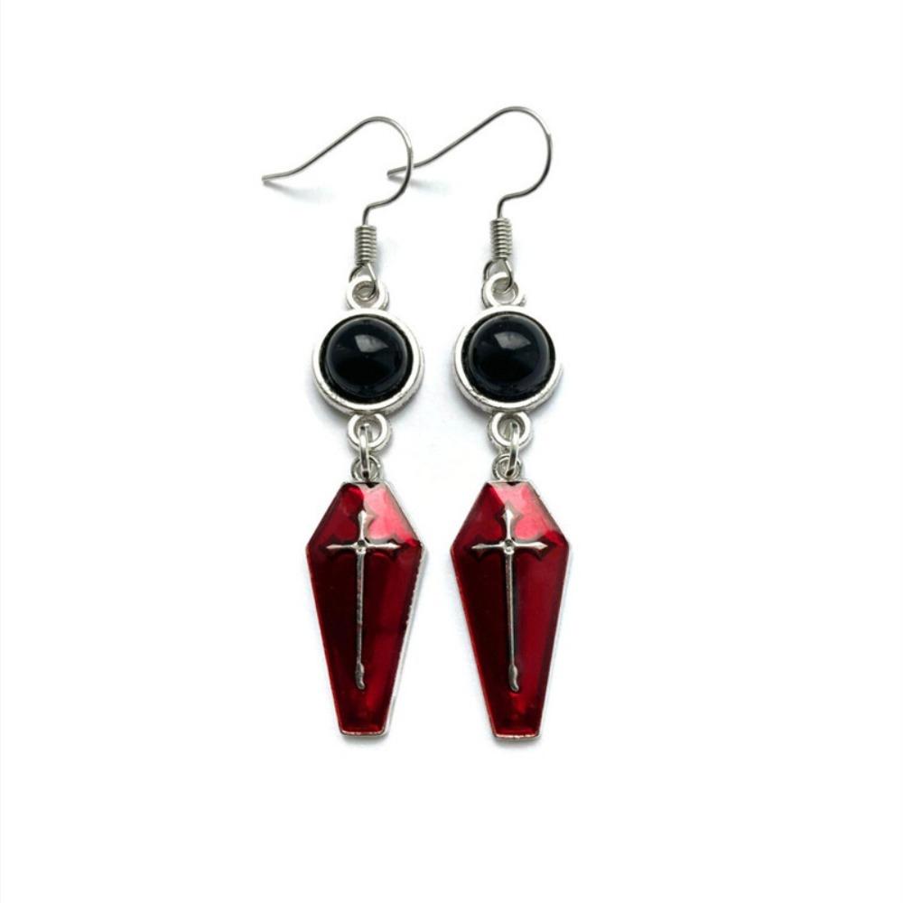 Gothic Sliver Color Vampire Bat Cross Red Drip Glaze Coffin Dangle Earrings for Men Women Halloween Party Jewelry Accessories
