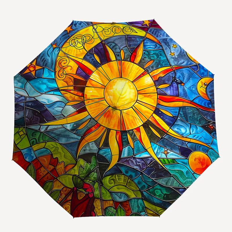 1pc Stained Glass Sun Design Automatic Opening Folding Umbrella with 8-Bone Iron Frame - Portable Outdoor Umbrella for Fans, Travelers, Daily Use, and